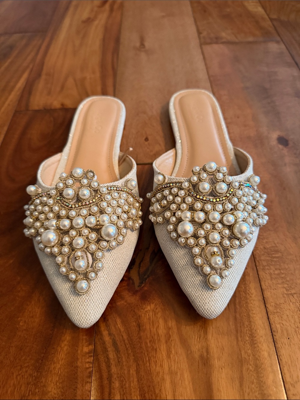 Pearl-Embellished Pointed Slip-On Mules
